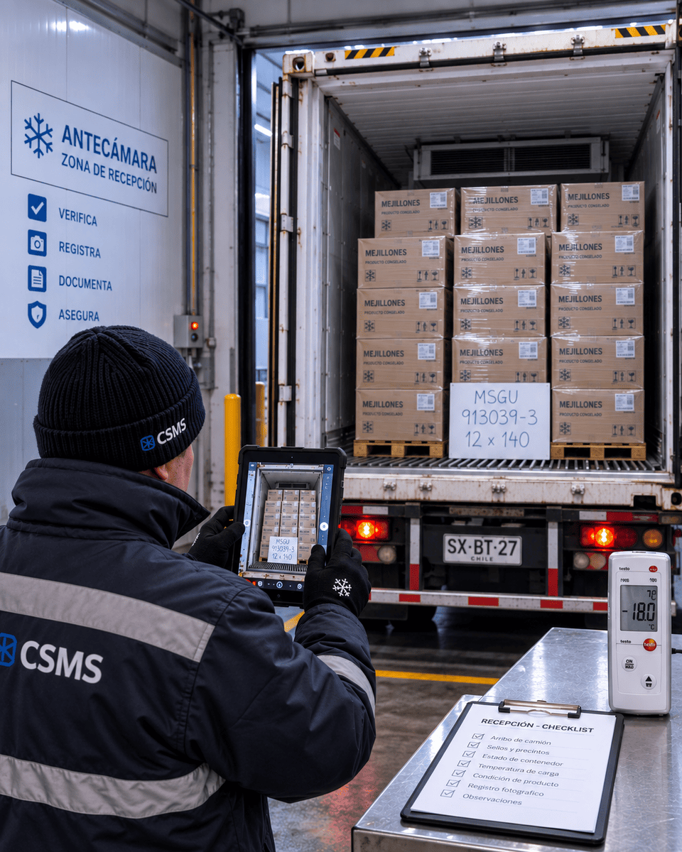 Registro fotográfico de una recepción de producto congelado desde un camión refrigerado en un frigorífico 3PL